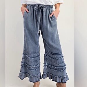Easel Women Rodeo Ruffle Wide Leg Chambray Pants Boho Western Country SZ Small